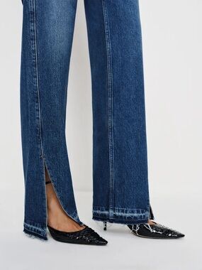 Reformation Blue Straight-Leg High-Rise Jeans with Front Split Hem